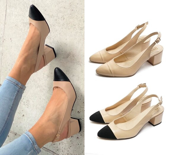 Ella  leather block heelstwo-tone pumpsbeige with black | Etsy | Etsy (CAD)