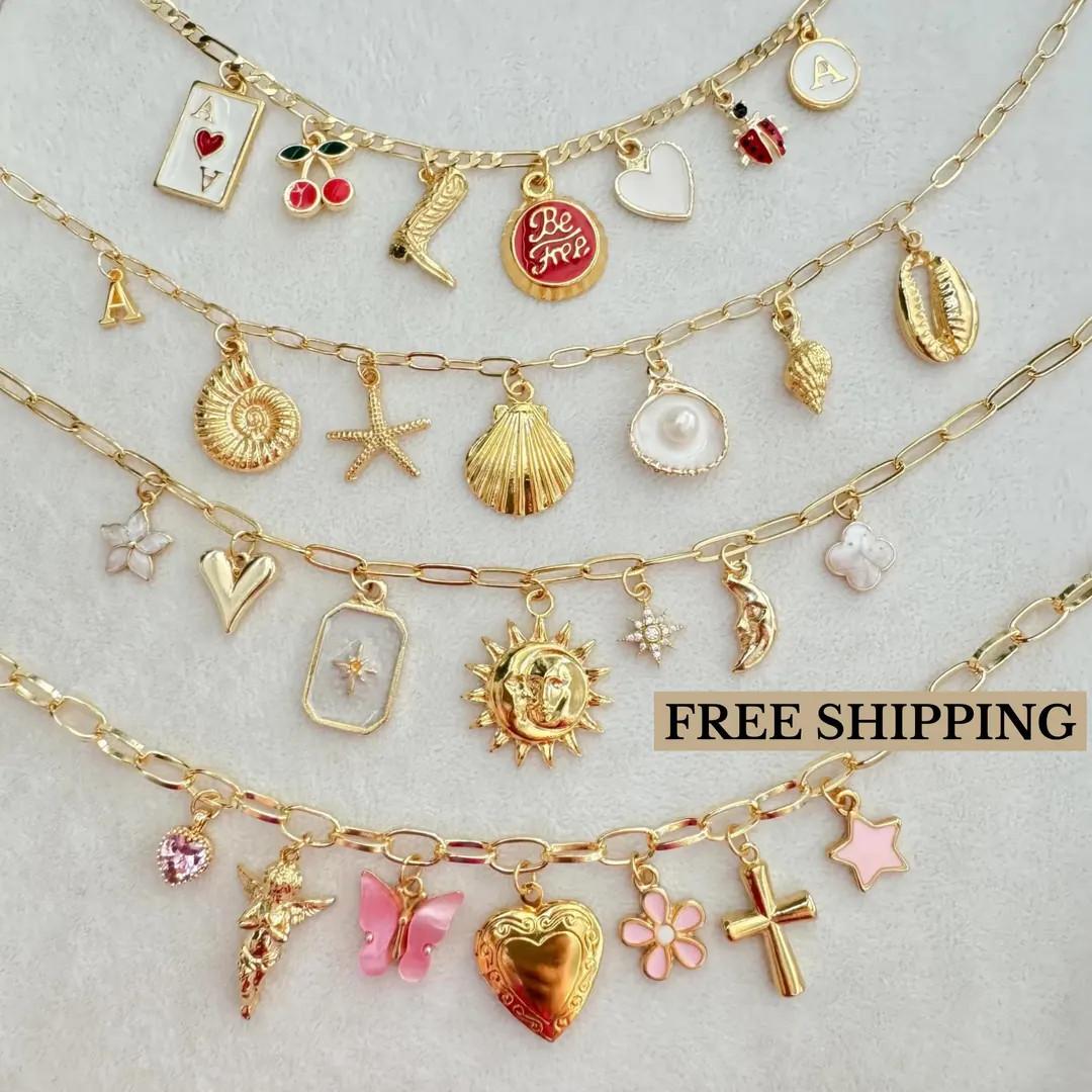Custom Charm Necklace with Selectable Charms, Gold Multi Charm Necklace, Vintage Style Chunky Nec... | Etsy (Global)
