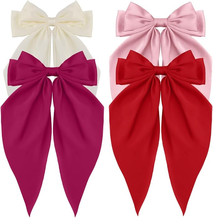 Women's Hair Bow, Silky Satin Hair Bow 4Pcs - Oversized Long Tail Bow Hair Clips, Large Hair Ribb... | Amazon (US)
