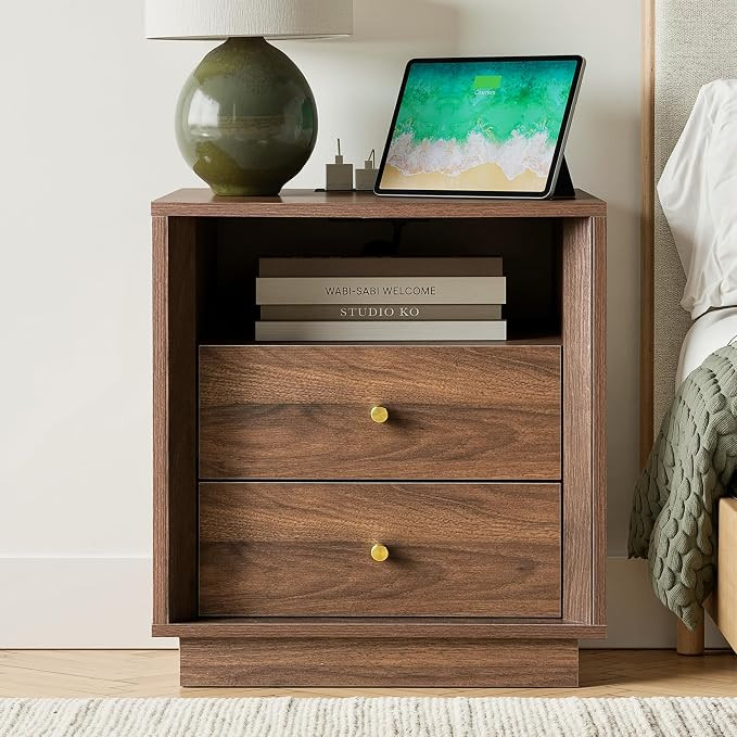 Nightstand with Charging Station, Mid Century Modern Nightstand with Wood Grain Texture, Minimali... | Amazon (US)