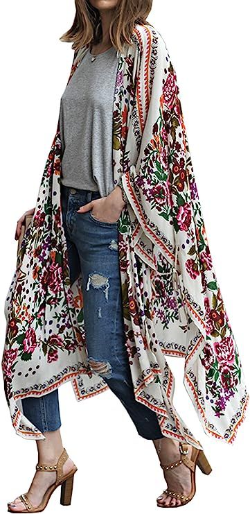 Hibluco Women's Fashion Chiffon Floral Kimono Cardigan Long Swimwear Cover Ups | Amazon (US)