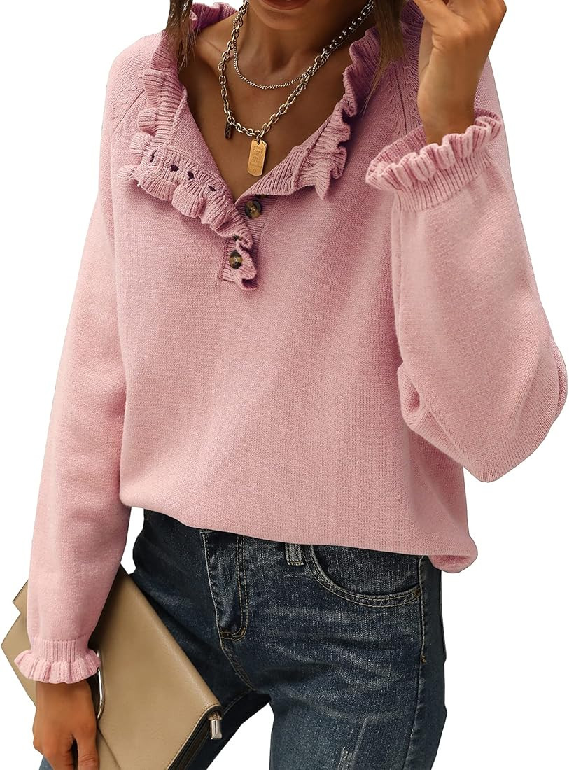 BTFBM Women's Sweaters Casual Long Sleeve Button Down Crew Neck Ruffle Knit Pullover Sweater Tops... | Amazon (US)