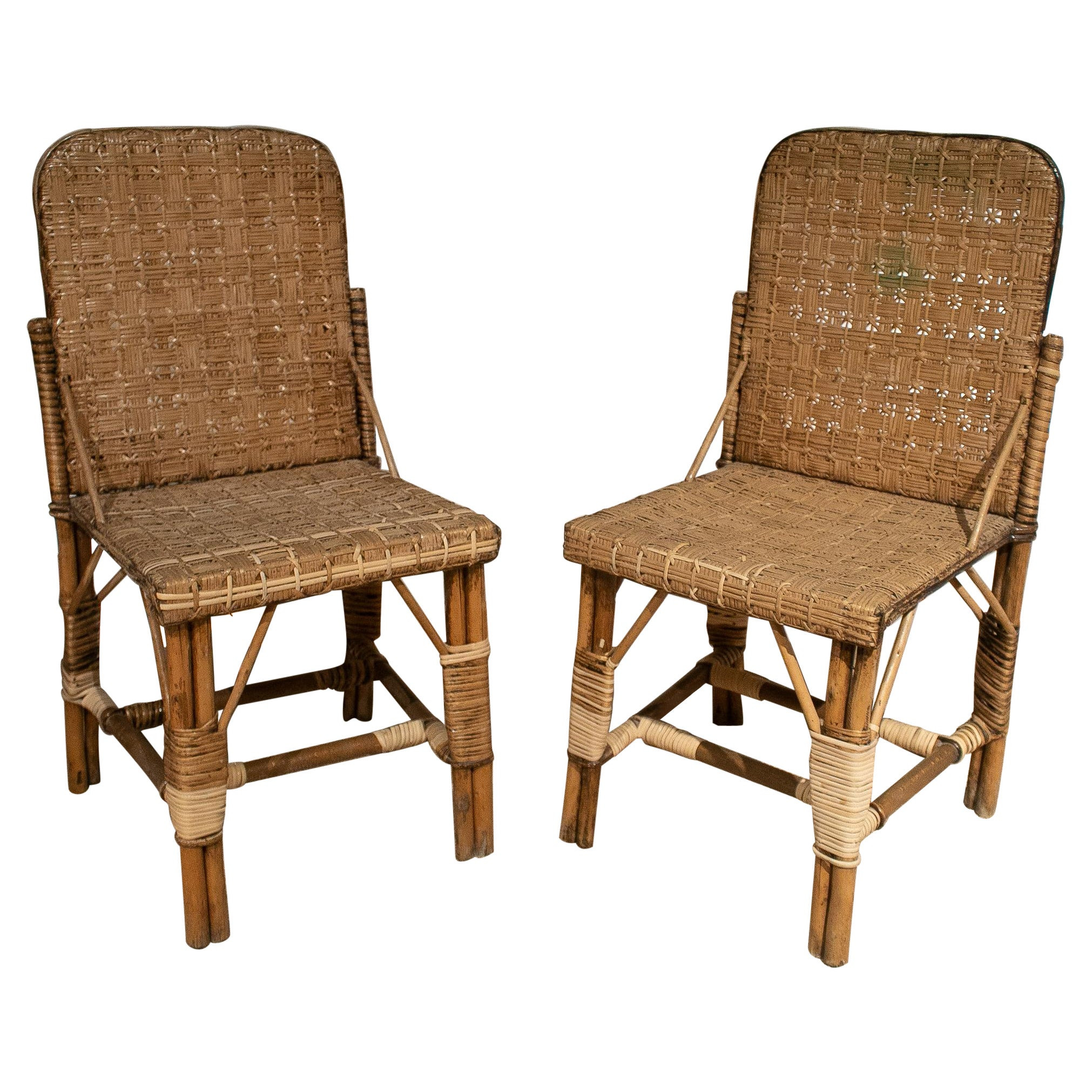 Pair of 1950s Spanish Hand Woven Wicker on Wood Chairs | 1stDibs