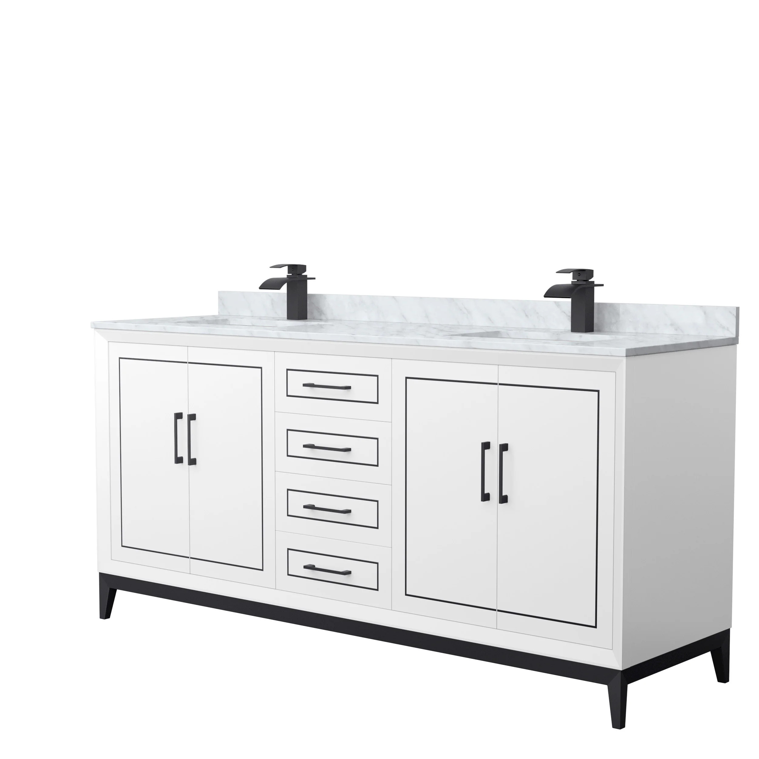 Wyndham Collection Marlena 72-in White with Matte Black Trim Undermount Double Sink Bathroom Vanity with White Carrara marble Natural Marble Top | Lowe's