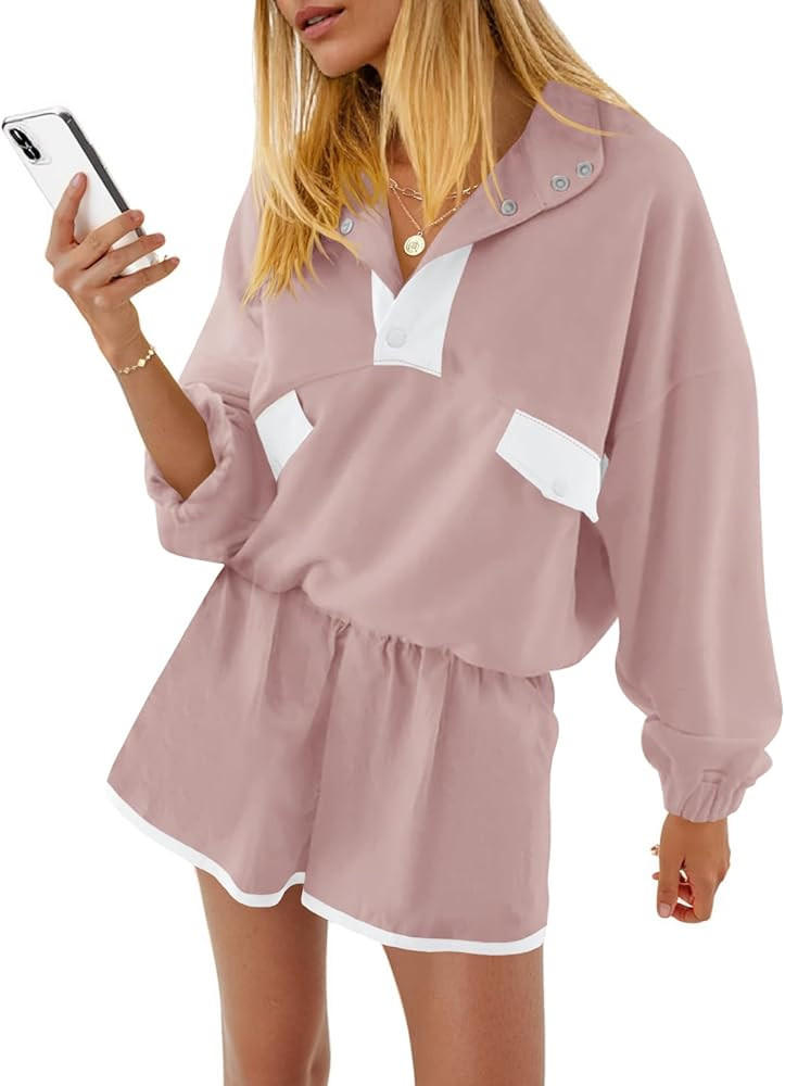 Fisoew Womens 2 Piece Outfits Sweatsuits Casual Snap Color Block Sweatshirts Running Shorts Sets ... | Amazon (US)