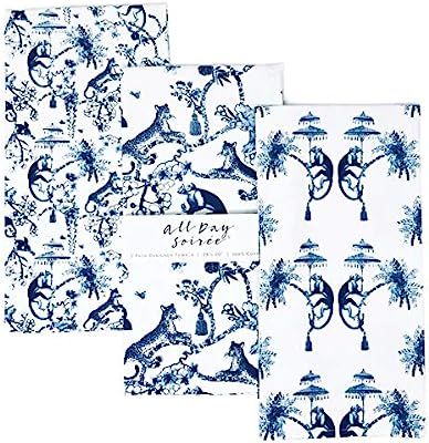 Chinoiserie Designer Kitchen Tea Towels 3 Pack 100% Absorbent Cotton Tiger Monkey Floral Hand Tow... | Amazon (US)