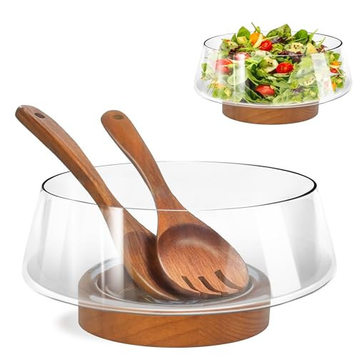 PROLEE Glass Salad Bowl Set,Large Salad Bowls with Solid Wood Base Servers,Elegance Serving Bowls for Kitchen Utensils and Party(Clear) | Amazon (US)