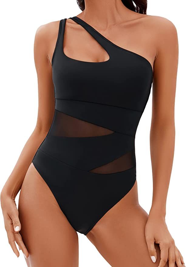 BMJL Women's Sexy One Shoulder Swimsuits Tummy Control One Piece Bathing Suit Mesh Cutout Swimwea... | Amazon (US)