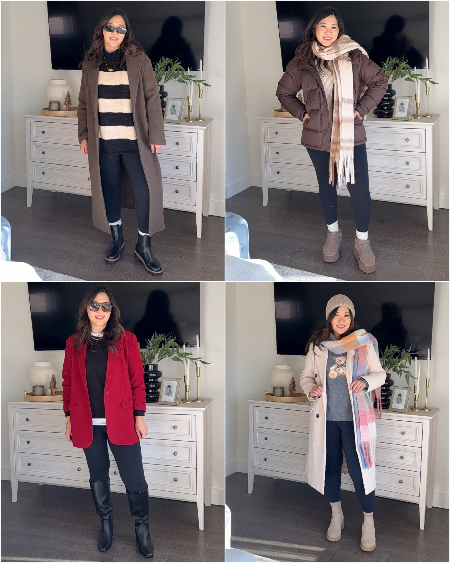 Chic Leggings Outfits
Leggings: Medium 
Black/Cream Striped Tunic: Medium
Olive Green Coat: Small
Cream Sweater: Medium
Brown Puffer Jacket: Medium
Red Blazer: Large
White Coat: Medium