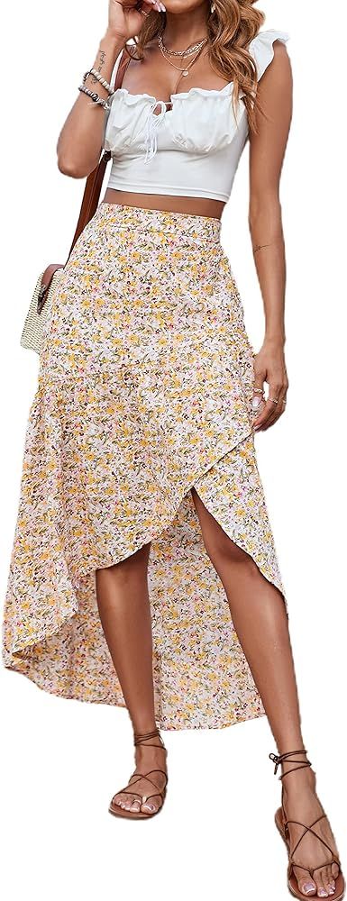 PRETTYGARDEN Womens Boho Floral Print Summer Dress Maxi Skirt High Low Ruffle Slit Casual High Waist | Amazon (US)