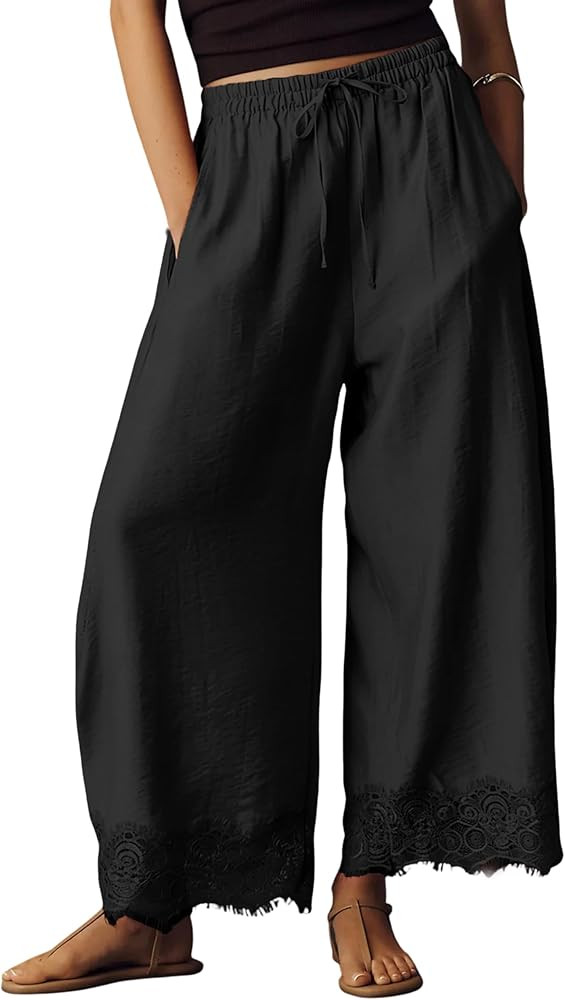 PUWEI Women's Cropped Lace-Hem Pants High Waisted Drawstring Wide Leg Pants Casual Lightweight Tr... | Amazon (US)