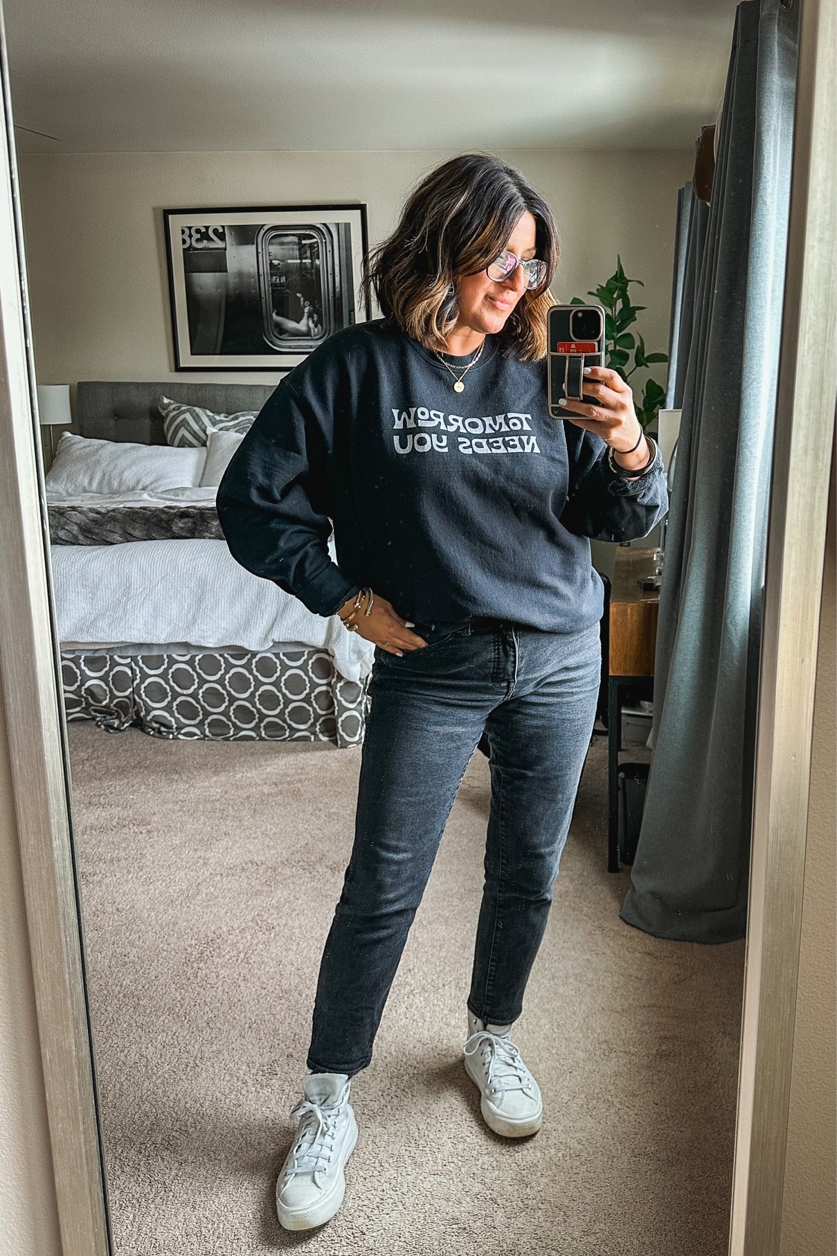 Today’s teacher fit. Tomorrow needs you sweatshirt (L), Madewell perfect vintage black jeans (29), converse platform high tops  

#LTKstyletip #LTKsalealert #LTKshoecrush