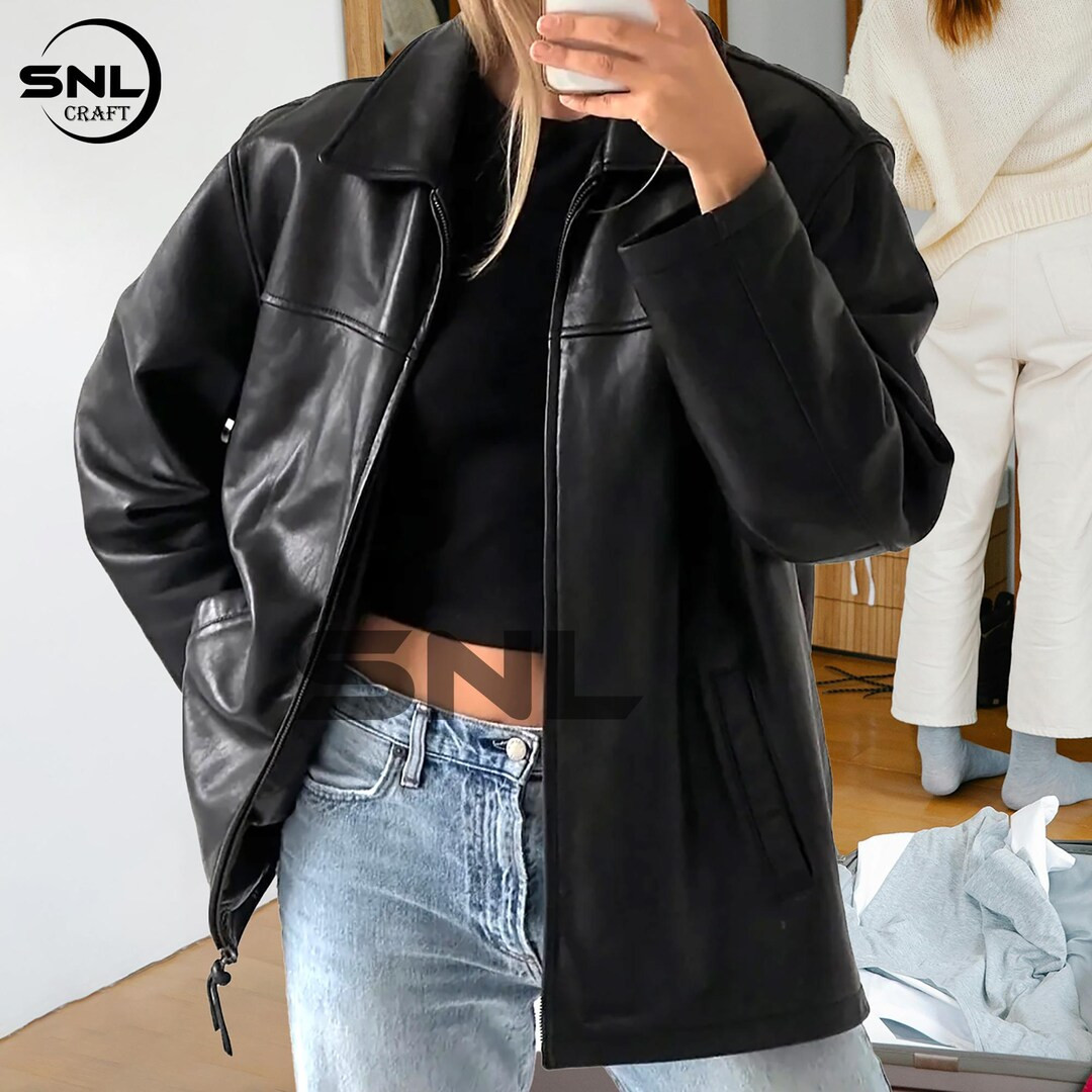 Oversized Black Leather Bomber Jacket: Women's Sheep Leather, Straight Cut - Etsy | Etsy (US)