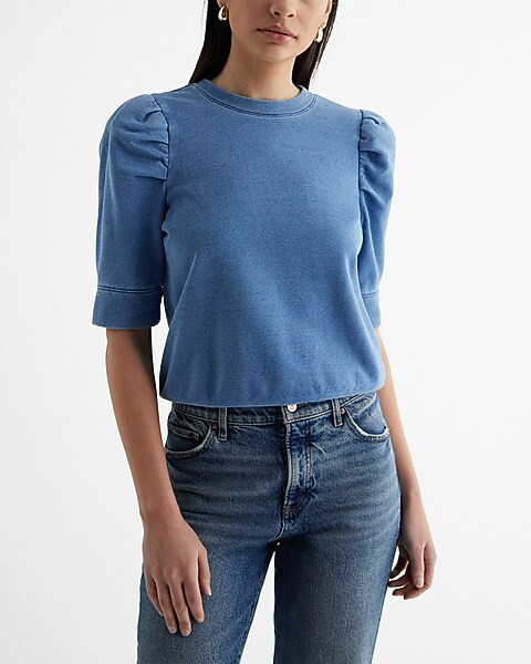 Washed Crew Neck Short Puff Sleeve Fleece Sweatshirt | Express