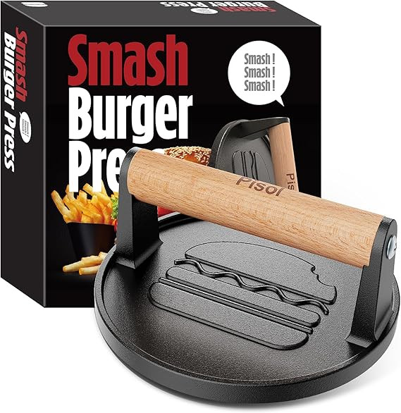Pisol Smash Burger Press, Pre-Seasoned Cast Iron Hamburger Smasher, 2 lb Heavy-Duty Grill Bacon M... | Amazon (US)