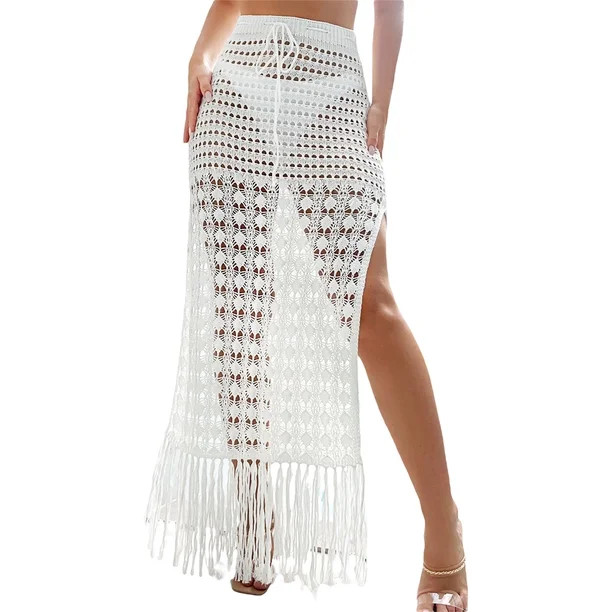 Women Summer Knitted Bikini Cover Ups Dress Crochet Cutout High Waist Sarong Beach Skirt with Tas... | Walmart (US)