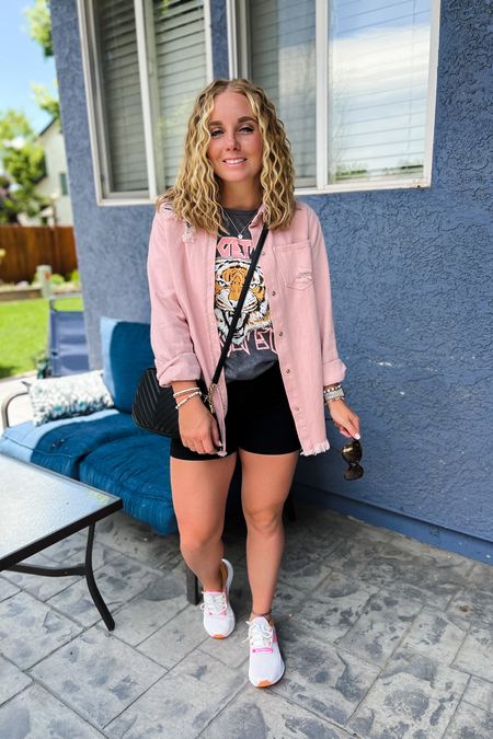 Casual outfit idea with a tiger tee, distressed pink button down denim shirt, biker shorts, new balance sneakers and black crossbody bag.  Everything fits TTS.  I size up to a medium in this button down and in this tee for a looser oversized fit. 

// Summer outfits 2024, mom outfit ideas, summer outfit amazon, Amazon outfit ideas, casual outfit ideas, spring outfit inspo, casual fashion, amazon summer fashion, amazon casual outfit, cute casual outfit, outfit inspo, outfits amazon, outfit ideas, amazon shoes, Amazon bag, purse, size 4-6, casual summer outfits, casual outfit ideas everyday, summer fashion #ltkfindsunder100 #ltksalealert

#LTKStyleTip #LTKFindsUnder50 #LTKItBag