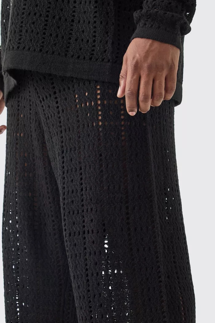 Plus Relaxed Fit Crochet Knit Trousers In Black | boohoo (US & Canada)