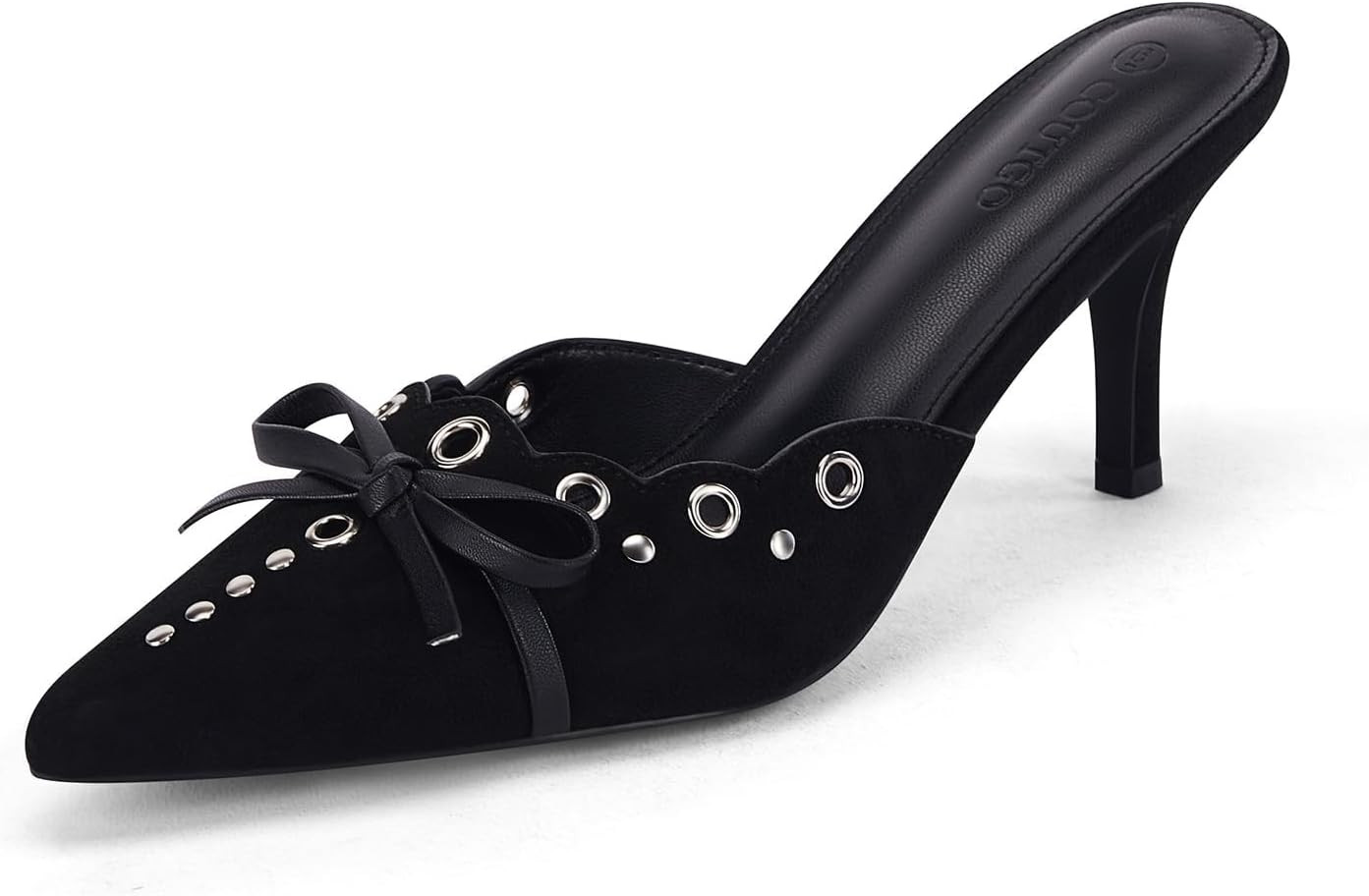 Coutgo Women's Bow Tie Mule Heels Pointed Toe Studded Backless Stilettos Slip On Dress Pump Shoes | Amazon (US)
