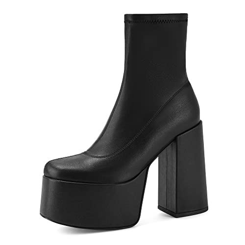Easyfox Black Platform Boots for Women Chunky Heels Womens Boots Heeled Short Boots for Women Slip on Round Toe Boots for Women Elastic PU Leather High Heel Boots size 11 | Amazon (US)