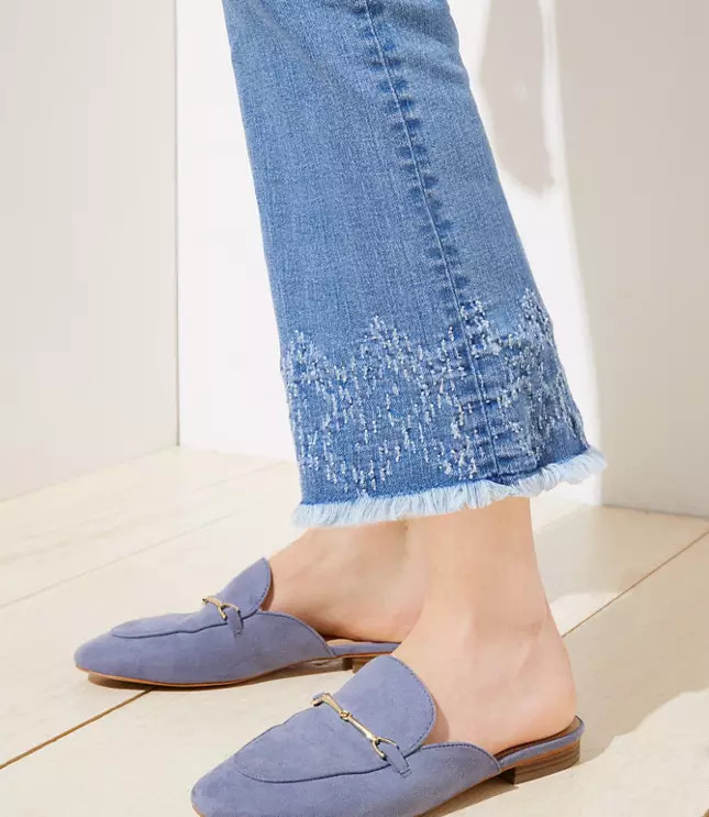 Distressed Hem Slim Pocket Flare Crop Jeans in Authentic Light Indigo Wash | LOFT