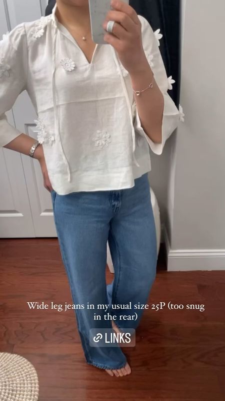 Quick try-on I shared in stories the other night. Now 50% off + free shipping with code CYBER. 

I decided to order the wide leg jeans in a size up (26/2 petite) with the latest Flash sale since my usual size 25/0 petite was too snug in the rear. Update: The next size up (26/2 petite) fit more comfortably  through the waist and rear but sizing up made the pant legs look too wide for my frame so I didn't like how it looked compared to my usual size 25/0 petite. It just looked like too much material to be flattering.

Top in size XXS petite fits me well.

LOFT try-on review

#LTKfindsunder100 #LTKover40 #LTKsalealert