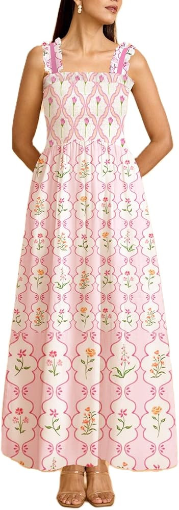 Women Y2k Floral Smocked Maxi Dress Ruffle Strap Square Neck Tiered Flowy Long Dress A Line Boho ... | Amazon (US)