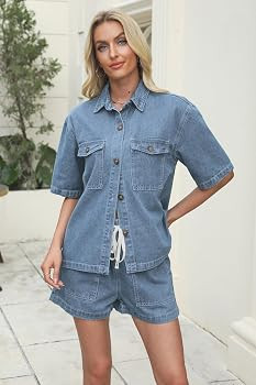 EZAPINE Denim Set for Women 2 Piece Button Down Shirt High Waist Denim Short Set Summer Jean Matc... | Amazon (US)