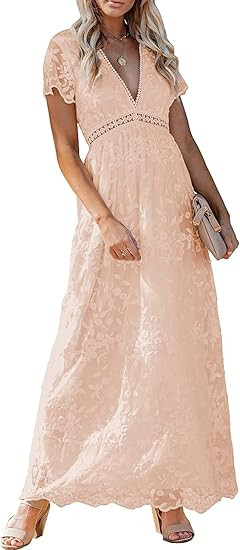Bdcoco Women's V Neck Floral Lace Wedding Dress Short Sleeve Bridesmaid Evening Party Maxi Dress | Amazon (US)