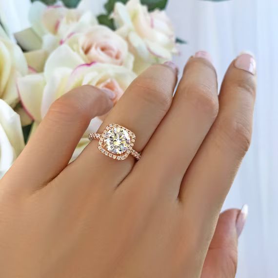 2.25 ctw Classic Square Halo Engagement Ring, Wedding Ring, Man Made Diamond Simulant, Half Etern... | Etsy (US)