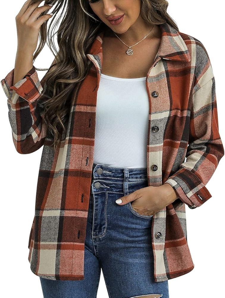 Traleubie Women's Flannel Jacket Plaid Shacket Lapel Button Down Long Sleeve Shirt Color Block Ca... | Amazon (US)