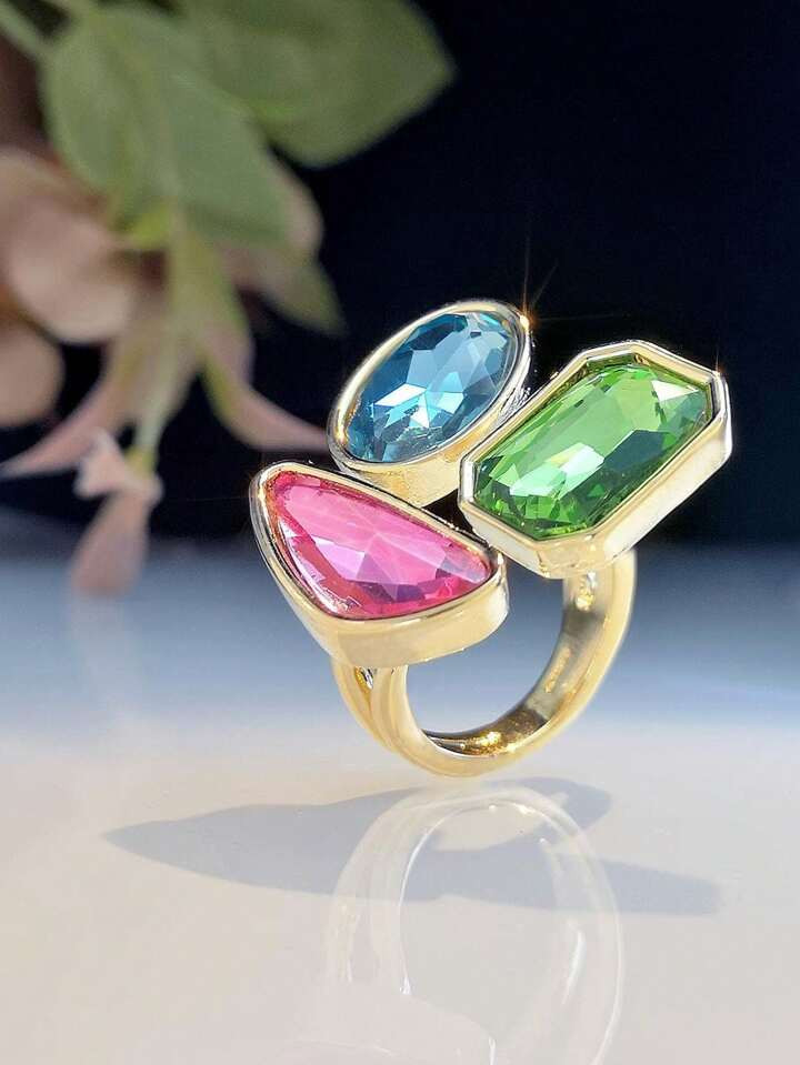 1pc Vintage Blue Crystal Glass Adjustable Women's Ring | SHEIN