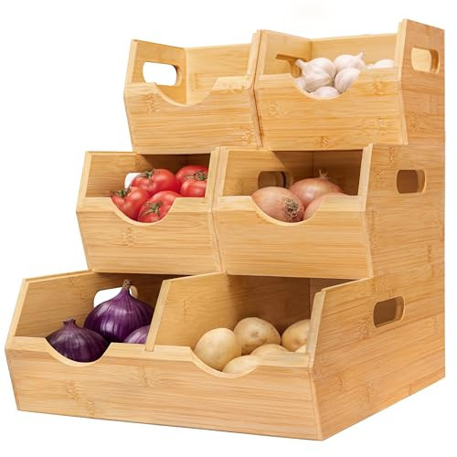HOMESTEAD 3-Tier Bamboo Pantry Storage Bins – Stackable Potato & Onion Storage Bin with Handles, Fruit Basket & Produce Organizer for Kitchen Countertop, Pantry Organization, Set of 5 | Amazon (US)