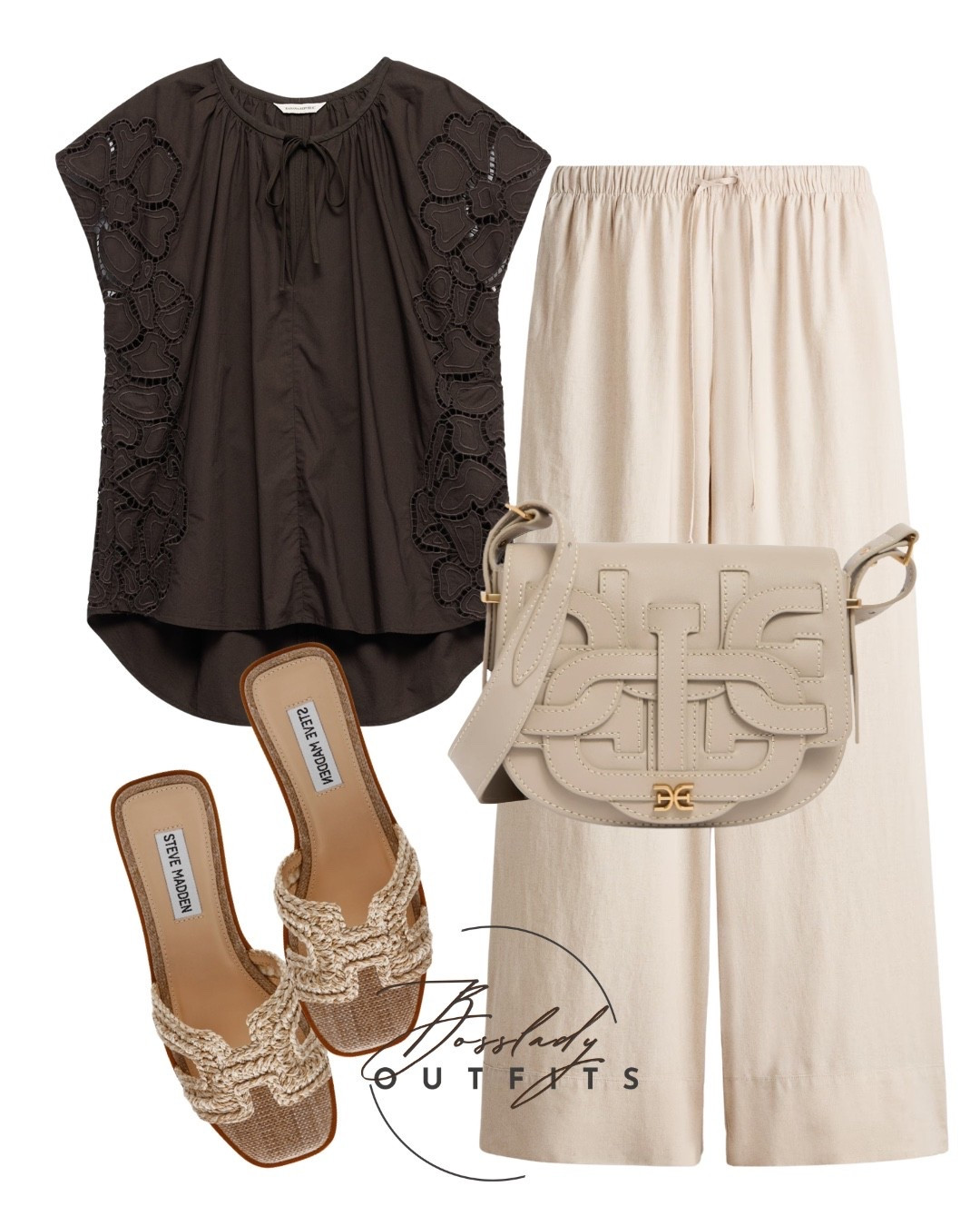 Neutral summer outfit with a black embroidered blouse and beige wide-leg pants, styled for a relaxed everyday look

Lightweight cotton top with lace detail and loose fit keeps it breathable and easy for warm weather

High-waist wide-leg trousers add comfort and a clean, minimal silhouette

Neutral crossbody bag and woven slide sandals complete this casual chic outfit

Perfect for daily wear, travel days, brunch, or casual outings

Style tip: tuck the front slightly to define the waist and keep the look polished

#LTKsummer #LTKstyletip #LTKshoes