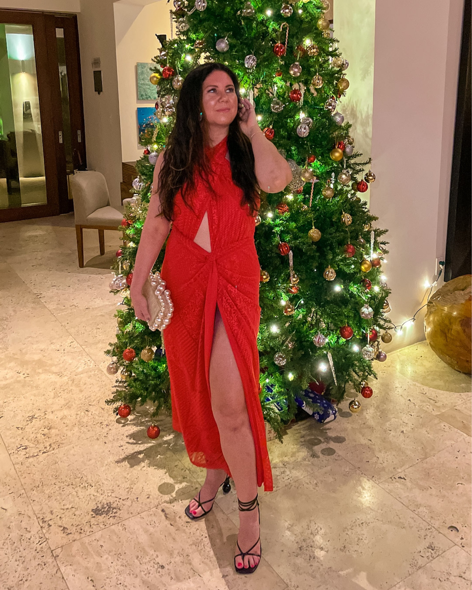 Red dress, maxi dress, cutout dress, vacation outfit, beach dress, pearl clutch handbag, wrap sandals, lace up heels

#LTKstyletip #LTKshoecrush #LTKSeasonal