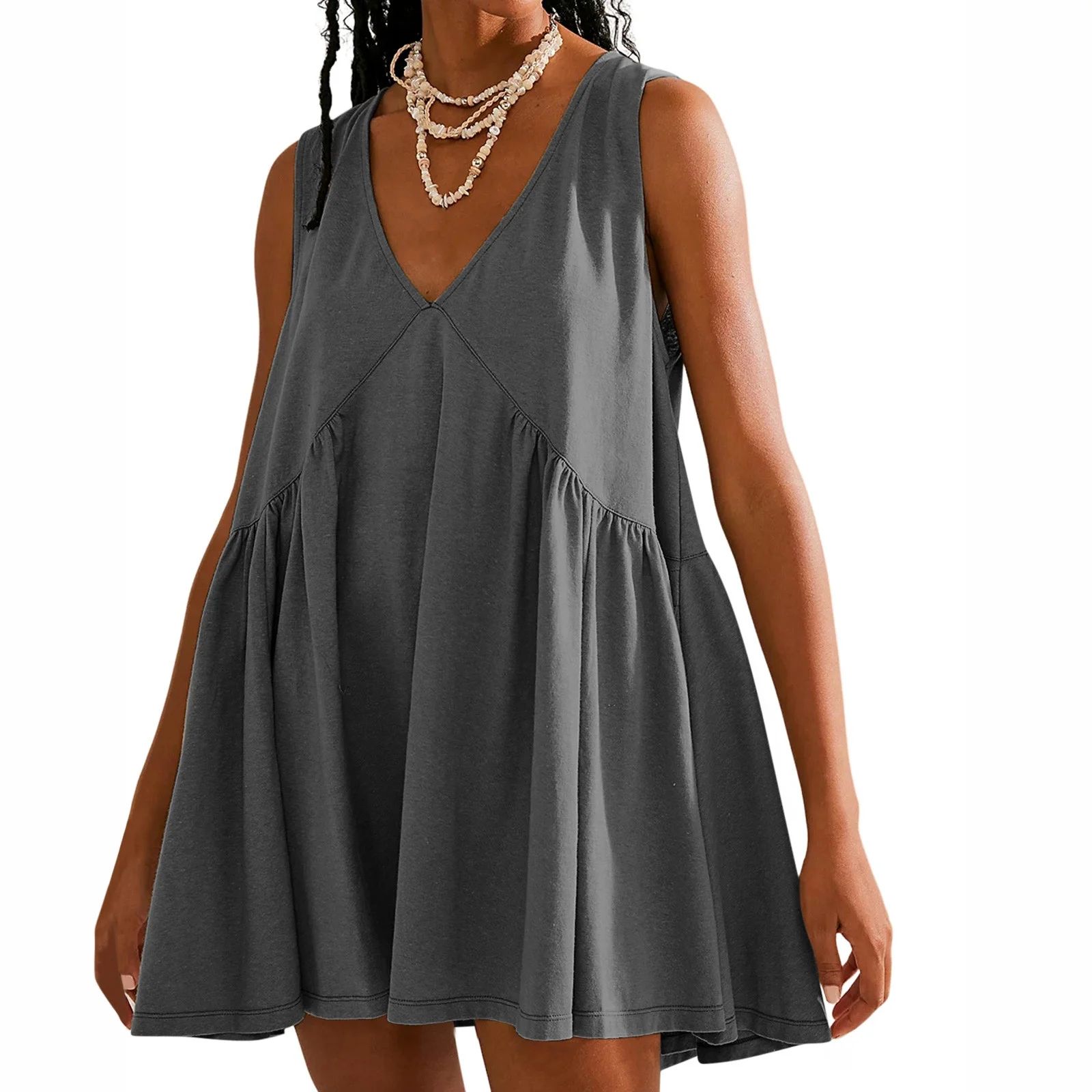 Dasayo Fashion Dresses for Women Mini Sleeveless Gray Casual Dresses Solid Daily V Neck Dresses | Walmart (US)