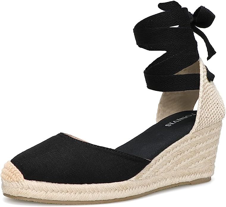 TONIVIS Women’s Platform Wedges Espadrilles, 3" Wedge, Soft Ankle-Tie Strap, Closed Toe, Classi... | Amazon (US)