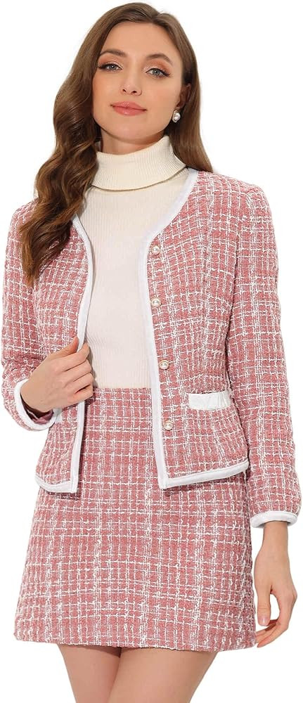 Allegra K Business Suit Set for Women's 2 Piece Outfits Plaid Tweed Easter Short Blazer Jacket an... | Amazon (US)