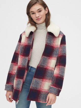 Plaid Wool-Blend Coat with Detachable Sherpa Collar | Gap (US)
