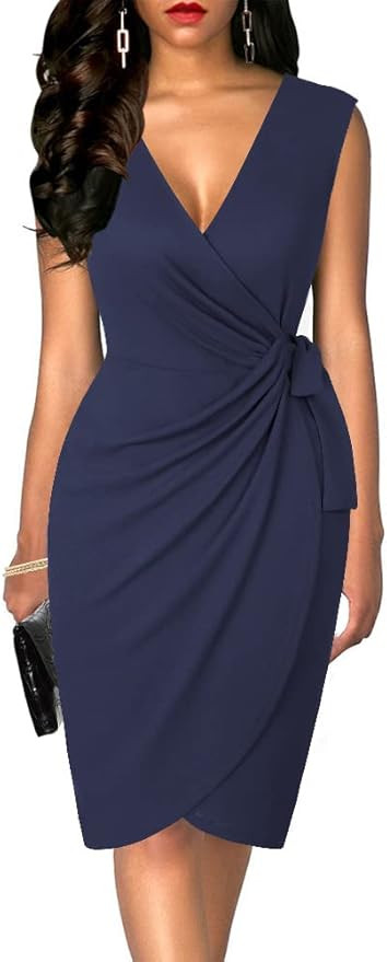 oten Womens Sleeveless Deep V Neck Sheath Knee Length Cocktail Party Work Faux Wrap Formal Dress | Amazon (US)