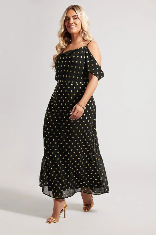 YOURS LONDON Plus Size Black Cold Shoulder Metallic Dot Dress | Yours Clothing UK