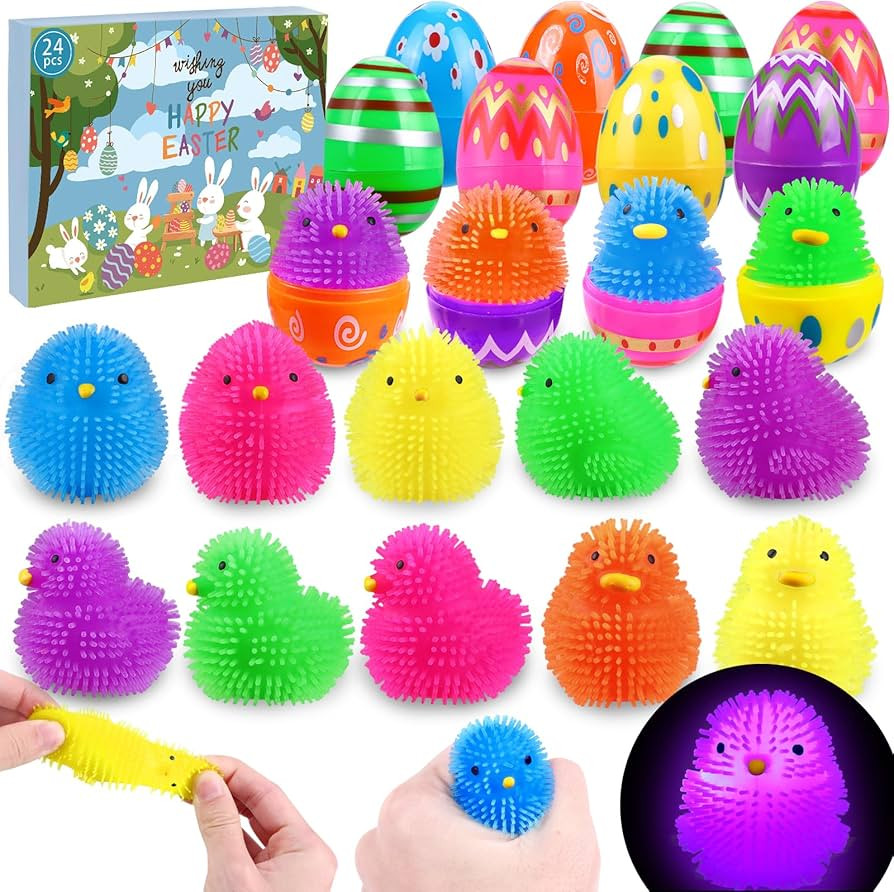 JOICEE 24 Pack Easter Eggs Filled LED Chick Duck Puffer Balls,Light Up Glowing Stress Relief Fidg... | Amazon (US)