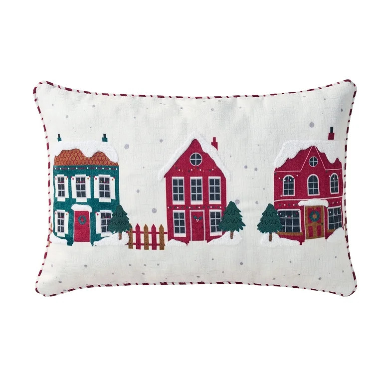 Holiday Time 14" x 22" Ivory Winter Village Embroidered Decorative Pillow | Walmart (US)