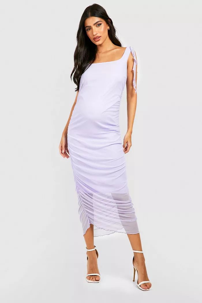 Maternity Ruffle Ruched Mesh Midi Dress | boohoo (US & Canada)