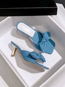 Women Bow Decor Stiletto Heeled Sandals, Fashionable Blue Mule Sandals SKU: sx2302089495691111(65... | SHEIN