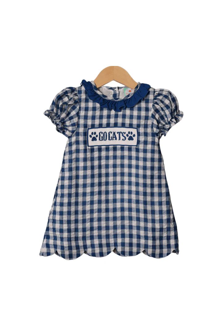 Smocked Go Cats Blue Gingham Dress | The Smocked Flamingo