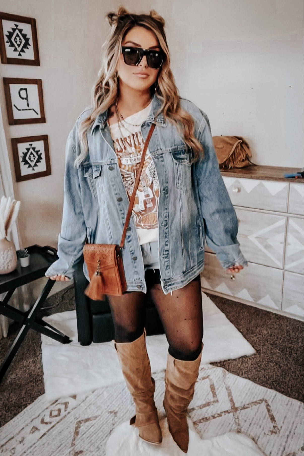 Country Concert Outfit ✨ 

A little western. A little grunge. A little boho. 

Top + Bag + Lace shorts + Shorts: Amazon
Jacket: Vici
Boots: Wild J Boutique
Sunnies: Versace
Tights: Sheertex
Earrings + Wide Ring: Nizhoni Traders LLC
Other Rings + Bangles: Turquoise Tuesday
White Buffalo Cuff: Desert Daisy Co
Navajo Pearls: Rumor Has It + Giddyup Glamour 

#LTKfindsunder100 #LTKmidsize #LTKstyletip
