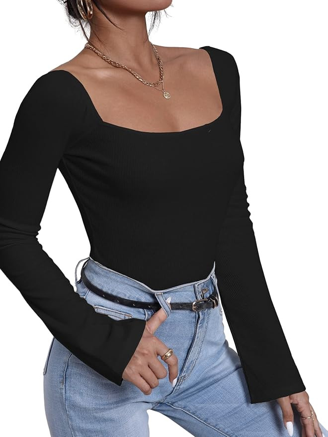Floerns Women's Square Neck Long Sleeve Rib Knit Casual Crop Tops T Shirt | Amazon (US)