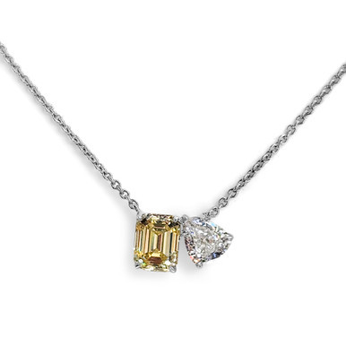 Toi et Moi Pendant. 1.5ct(9x7)Canary Emerald and 1.25ct (8x7) Pear shape on 16" chain. | Fantasia by DeSerio