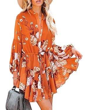 AlvaQ Womens Fall Summer Ruffle Lantern Sleeve Button Down Tie Waist Floral Print Swing Mini Dres... | Amazon (US)